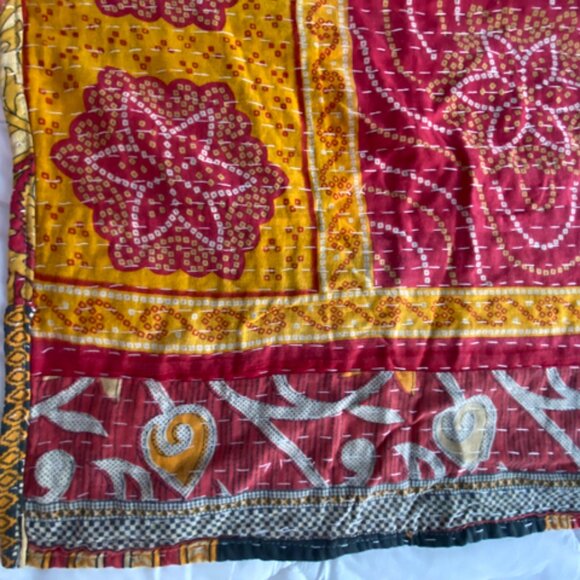 Vgt 90s Handmade Hand Block Stitch Indian Kantha Quilt Queen Bedspread Marigold - Picture 3 of 10